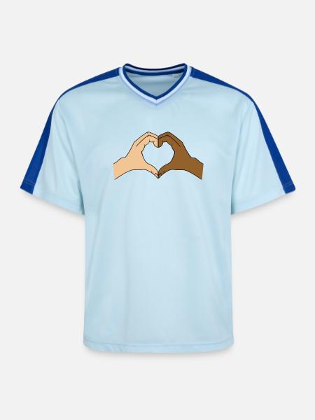 Coloured heart hand motif - customisable - Unisex Football Style Mesh T-Shirt - light blue/dark blue