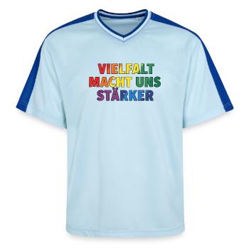 Vielfalt macht uns stärker – Regenbogen Design - Unisex Football Style Mesh T-Shirt - Hellblau/Dunkelblau - Vorne - AI Model Female 172 light (172cm) & AI Model Male 178 dark (178cm)