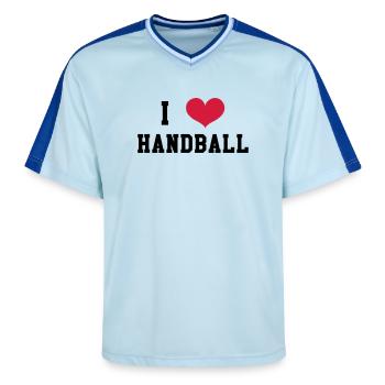 I Love Handball - Unisex Football Style Mesh T-Shirt - light blue/dark blue - Front - AI Model Female 172 light (172cm) & AI Model Male 178 dark (178cm)
