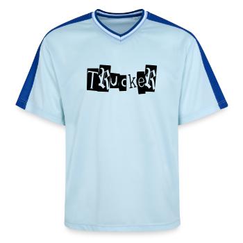 trucker truck babe lkw laster road trip transport - Unisex Football Style Mesh T-Shirt - Hellblau/Dunkelblau - Vorne - AI Model Female 172 light (172cm) & AI Model Male 178 dark (178cm)