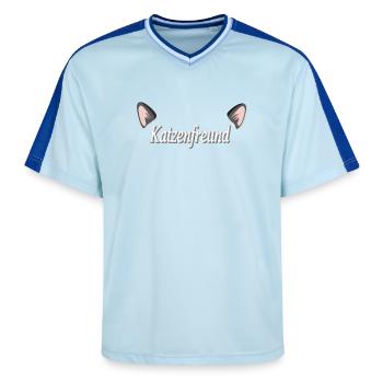 Katzenfreund Katzenspruch - Unisex Football Style Mesh T-Shirt - Hellblau/Dunkelblau - Vorne - AI Model Female 172 light (172cm) & AI Model Male 178 dark (178cm)
