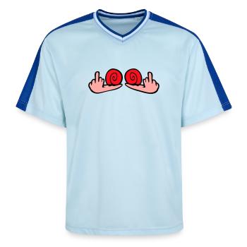Snail Middle Finger Insult Wanker Fuck You - Unisex Football Style Mesh T-Shirt - light blue/dark blue - Front - AI Model Female 172 light (172cm) & AI Model Male 178 dark (178cm)
