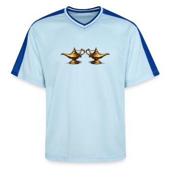 Goldene Öllampen  - Unisex Football Style Mesh T-Shirt - Hellblau/Dunkelblau - Vorne - AI Model Female 172 light (172cm) & AI Model Male 178 dark (178cm)