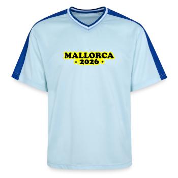 Mallorca 2026 - Unisex Football Style Mesh T-Shirt - light blue/dark blue - Front - AI Model Female 172 light (172cm) & AI Model Male 178 dark (178cm)
