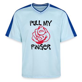 Pull my Finger - Unisex Football Style Mesh T-Shirt - Hellblau/Dunkelblau - Vorne - AI Model Female 172 light (172cm) & AI Model Male 178 dark (178cm)