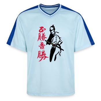 Bushi Night Hunter - Unisex Football Style Mesh T-Shirt - Hellblau/Dunkelblau - Vorne - AI Model Female 172 light (172cm) & AI Model Male 178 dark (178cm)