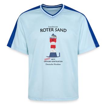 Leuchtturm Roter Sand, erstes Offshore Bauwerk  - Unisex Football Style Mesh T-Shirt - Hellblau/Dunkelblau - Vorne - AI Model Female 172 light (172cm) & AI Model Male 178 dark (178cm)