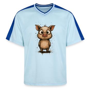 Lustiges Ferkel mit großen Augen – Splash - Unisex Football Style Mesh T-Shirt - Hellblau/Dunkelblau - Vorne - AI Model Female 172 light (172cm) & AI Model Male 178 dark (178cm)