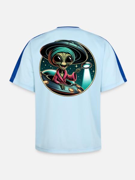 Alien detective in UFO light - Unisex Football Style Mesh T-Shirt - light blue/dark blue