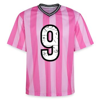 9 - Unisex Football Style Mesh T-Shirt - Rosa/Rosa Streifen - Vorne - AI Model Female 172 light (172cm) & AI Model Male 178 dark (178cm)