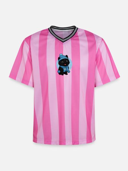 Cuddly Dog Winter Magic - Unisex Football Style Mesh T-Shirt - pink/pink stripes