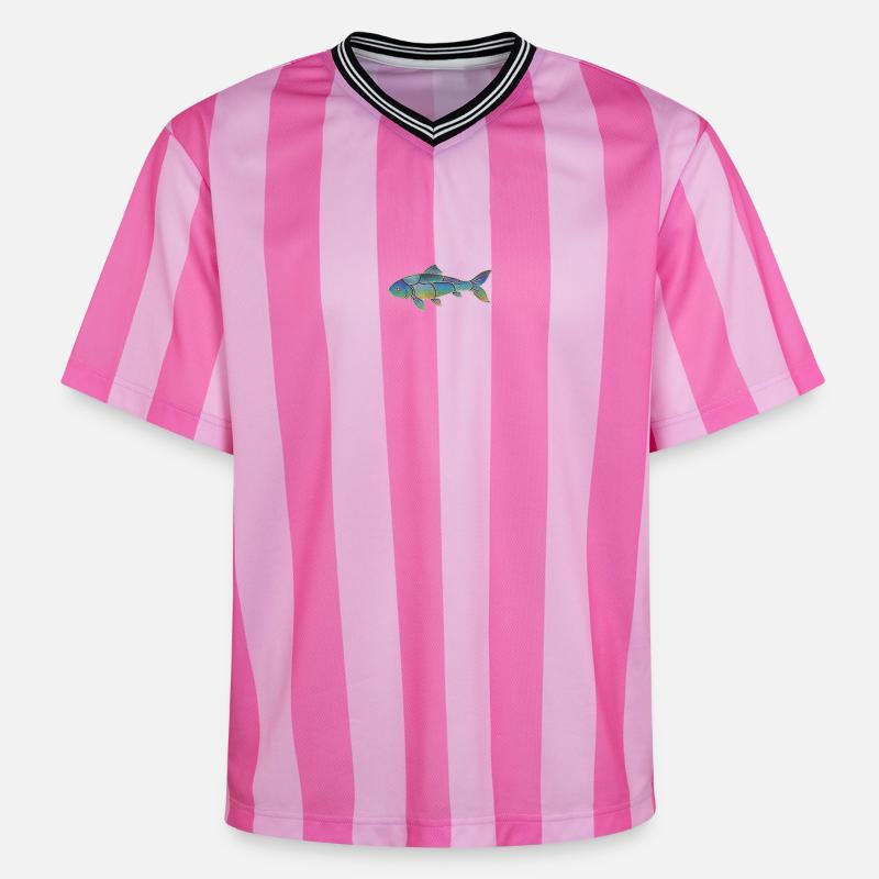 Gradient Pattern Iridescent Koi Fish - Unisex Football Style Mesh T-Shirt - pink/pink stripes