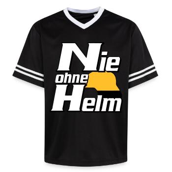 Freiwillige Feuerwehr , Shirt , Nie ohne Helm (25) - Unisex Football Style Mesh T-Shirt - Rosa/Rosa Streifen - Vorne - AI Model Female 172 light (172cm) & AI Model Male 178 dark (178cm)