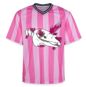 Kristallschädel - Pferd (von Leni Riosa) - Unisex Football Style Mesh T-Shirt - Rosa/Rosa Streifen - Vorne - AI Model Female 172 light (172cm) & AI Model Male 178 dark (178cm)
