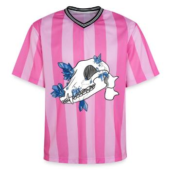 Kristallschädel - Canidae (von Leni Riosa) - Unisex Football Style Mesh T-Shirt - Rosa/Rosa Streifen - Vorne - AI Model Female 172 light (172cm) & AI Model Male 178 dark (178cm)