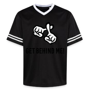 Get Behind Me! (Cross / Bible / Religion / 2C) - Unisex Football Style Mesh T-Shirt - pink/pink stripes - Front - AI Model Female 172 light (172cm) & AI Model Male 178 dark (178cm)