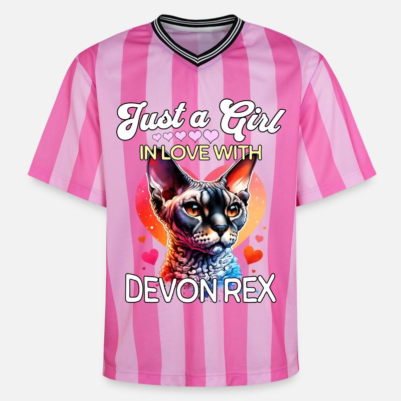 Devon Rex Mädchen - Unisex Football Style Mesh T-Shirt - Rosa/Rosa Streifen