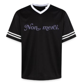 Non, merci – French Minimalism - Unisex Football Style Mesh T-Shirt - pink/pink stripes - Front - AI Model Female 172 light (172cm) & AI Model Male 178 dark (178cm)