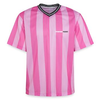 Powder Panic Logo - Unisex Football Style Mesh T-Shirt - pink/pink stripes - Front - AI Model Female 172 light (172cm) & AI Model Male 178 dark (178cm)
