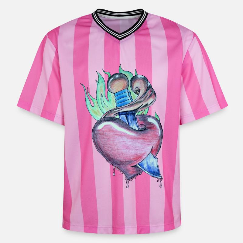 Loderndes Herz - Unisex Football Style Mesh T-Shirt - Rosa/Rosa Streifen
