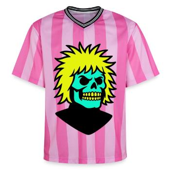 Skullman with a cool hairstyle - Unisex Football Style Mesh T-Shirt - pink/pink stripes - Front - AI Model Female 172 light (172cm) & AI Model Male 178 dark (178cm)