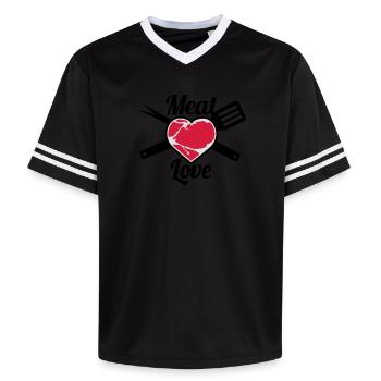 Meat Love - Unisex Football Style Mesh T-Shirt - Rosa/Rosa Streifen - Vorne - AI Model Female 172 light (172cm) & AI Model Male 178 dark (178cm)