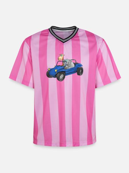 Elephant and giraffe in buggy - Unisex Football Style Mesh T-Shirt - pink/pink stripes
