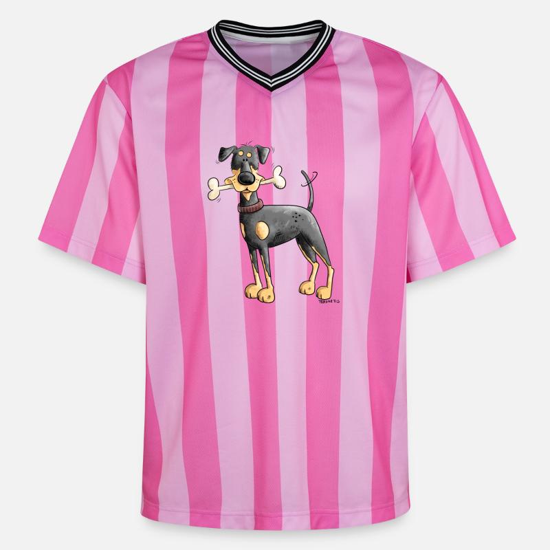 Dobermann Oder Pinscher mit Knochen - Unisex Football Style Mesh T-Shirt - Rosa/Rosa Streifen