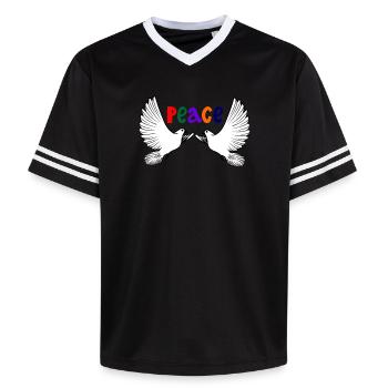 Two white doves of peace with colored text PEACE - Unisex Football Style Mesh T-Shirt - pink/pink stripes - Front - AI Model Female 172 light (172cm) & AI Model Male 178 dark (178cm)