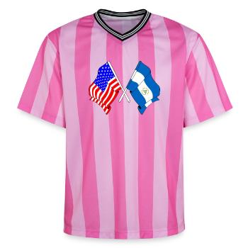 Flagge USA und Flagge Nicaragua - Unisex Football Style Mesh T-Shirt - Rosa/Rosa Streifen - Vorne - AI Model Female 172 light (172cm) & AI Model Male 178 dark (178cm)