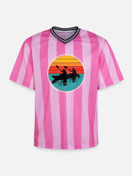 Sunset Kayak Duo Circle - Unisex Football Style Mesh T-Shirt - pink/pink stripes