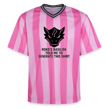 Generated by the Basilisk - Unisex Football Style Mesh T-Shirt - pink/pink stripes - Front - AI Model Female 172 light (172cm) & AI Model Male 178 dark (178cm)