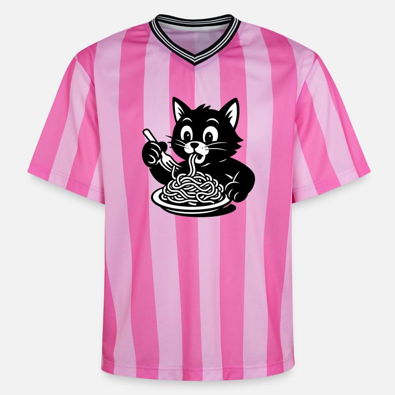 Cat Eats Spaghetti Meme - Unisex Football Style Mesh T-Shirt - pink/pink stripes