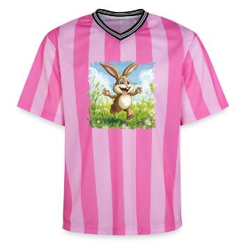 Fröhlicher Hase in Frühlingswiese - Unisex Football Style Mesh T-Shirt - Rosa/Rosa Streifen - Vorne - AI Model Female 172 light (172cm) & AI Model Male 178 dark (178cm)