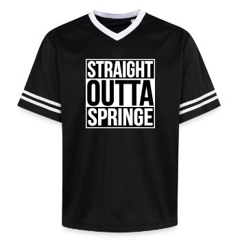 STRAIGHT OUTTA SPRINGE - Unisex Football Style Mesh T-Shirt - pink/pink stripes - Front - AI Model Female 172 light (172cm) & AI Model Male 178 dark (178cm)