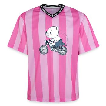 Biker Adventure Bear - Unisex Football Style Mesh T-Shirt - pink/pink stripes - Front - AI Model Female 172 light (172cm) & AI Model Male 178 dark (178cm)