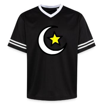 Mondsichel & Stern | Islamisches Symbol Line Art - Unisex Football Style Mesh T-Shirt - Rosa/Rosa Streifen - Vorne - AI Model Female 172 light (172cm) & AI Model Male 178 dark (178cm)
