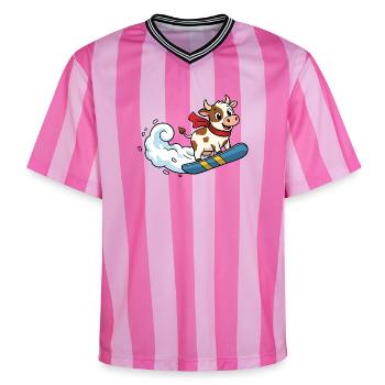 Snowboard Kuh Cartoon Lustige Winterkuh - Unisex Football Style Mesh T-Shirt - Rosa/Rosa Streifen - Vorne - AI Model Female 172 light (172cm) & AI Model Male 178 dark (178cm)