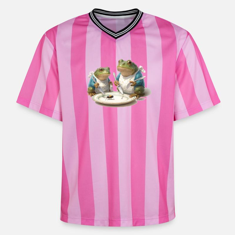 Frog Dinner: Fly on a Plate - Unisex Football Style Mesh T-Shirt - pink/pink stripes