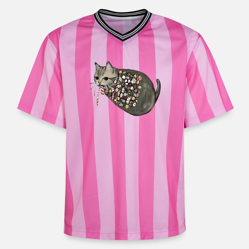 Candy Pattern Candy Cat - Unisex Football Style Mesh T-Shirt - pink/pink stripes