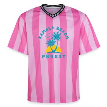Kamala Beach Phuket Sonnenuntergangspalme - Unisex Football Style Mesh T-Shirt - Rosa/Rosa Streifen - Vorne - AI Model Female 172 light (172cm) & AI Model Male 178 dark (178cm)