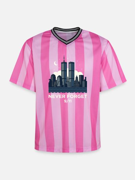 Never Forget 9/11 Skyline Night - Unisex Football Style Mesh T-Shirt - pink/pink stripes
