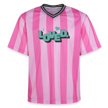 Loved 1 Johannes 4:16 Christlicher Glaube - Unisex Football Style Mesh T-Shirt - Rosa/Rosa Streifen - Vorne - AI Model Female 172 light (172cm) & AI Model Male 178 dark (178cm)