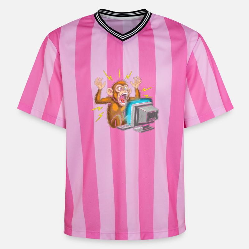 Monkey Computer Outbreak - Unisex Football Style Mesh T-Shirt - pink/pink stripes
