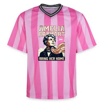 Amelia Earhart – Bring Her Home - Unisex Football Style Mesh T-Shirt - pink/pink stripes - Front - AI Model Female 172 light (172cm) & AI Model Male 178 dark (178cm)