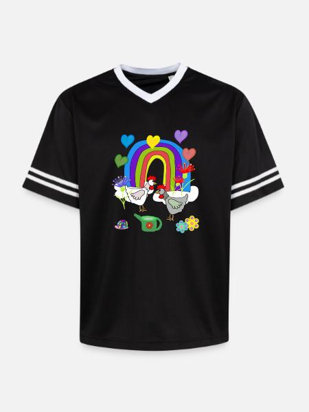Children's Fantasy Rainbow Flowers Chickens - Unisex Football Style Mesh T-Shirt - pink/pink stripes