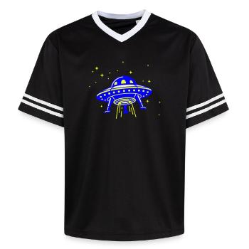 UFO – Besuch aus einer anderen Galaxie - Unisex Football Style Mesh T-Shirt - Rosa/Rosa Streifen - Vorne - AI Model Female 172 light (172cm) & AI Model Male 178 dark (178cm)
