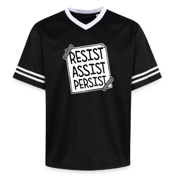 Resist Assist Persist Aktivismus Motivation Logo - Unisex Football Style Mesh T-Shirt - Schwarz/Weiß - Vorne - AI Model Female 172 light (172cm) & AI Model Male 185 light (185cm)