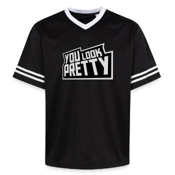 You Look Pretty Funny Complement Self Love Logo - Unisex Football Style Mesh T-Shirt - pink/pink stripes - Front - AI Model Female 172 light (172cm) & AI Model Male 178 dark (178cm)