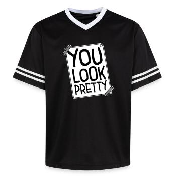 You Look Pretty Funny Complement Self Love Logo - Unisex Football Style Mesh T-Shirt - pink/pink stripes - Front - AI Model Female 172 light (172cm) & AI Model Male 178 dark (178cm)